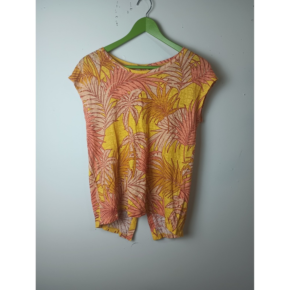 Tahari Women Yellow Orange Linen Tropical Palm Print Button Back Top Size M